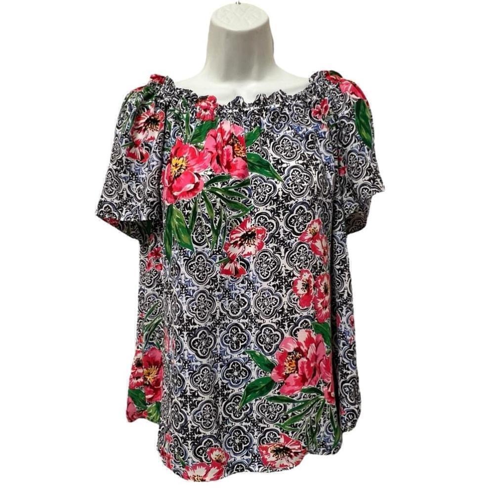 TALBOTS Women’s Vibrant Floral Multicolor Boho Scoop Neck Blouse, Size Medium